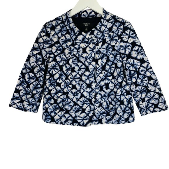 TALBOTS Women's cropped blue print Blazer Jacket 3/4sleeve Sz 4p - Picture 1 of 14